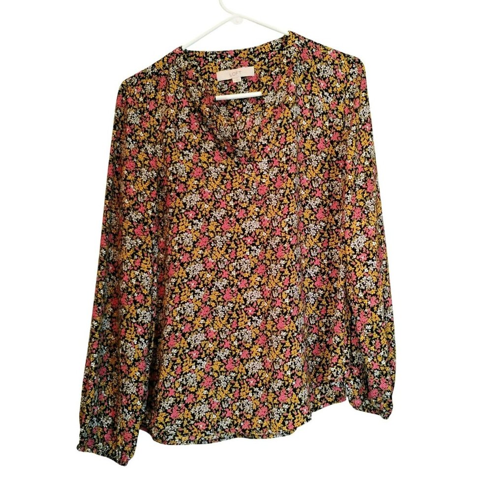 LOFT Wildflower Split Neck Blouse Size M Floral Long Sleeve Black Multicolor